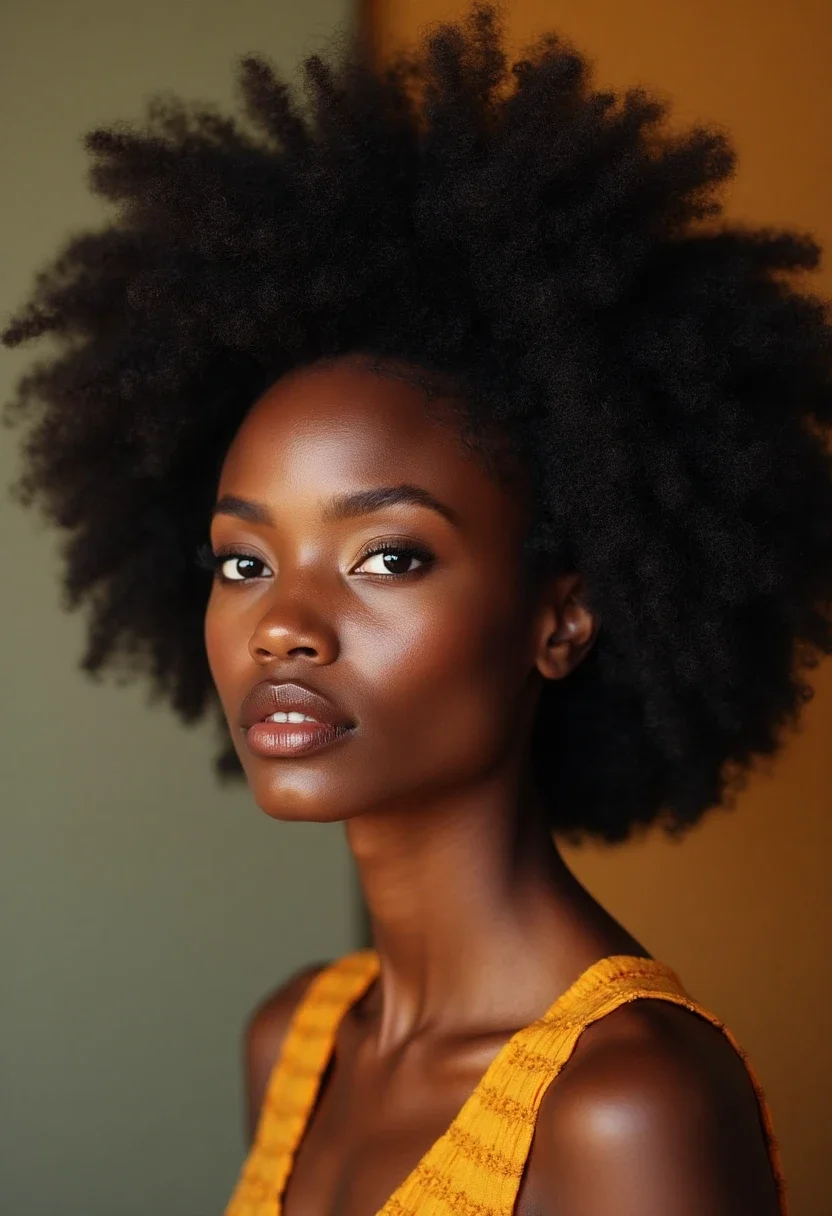 Black woman with a natural afro, highlighting volume and natural texture.