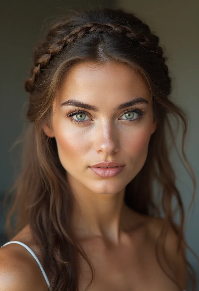 Romantic half-up crown braid hairstyle for long hair.