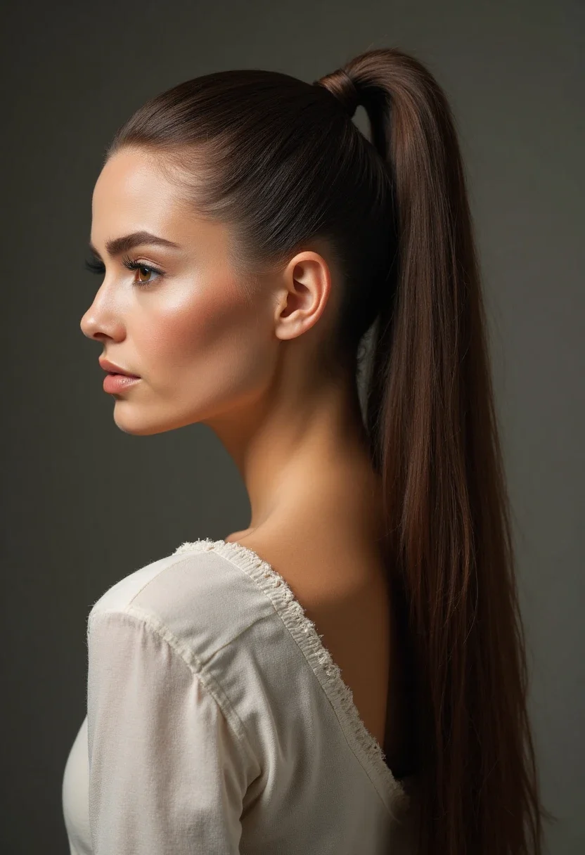 Chic and polished sleek high ponytail hairstyle for long hair.