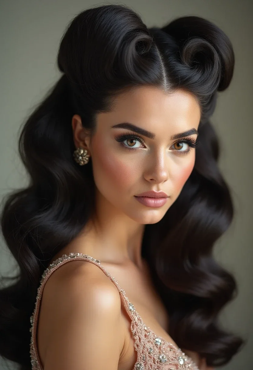 Retro and glamorous vintage victory rolls hairstyle for long hair.