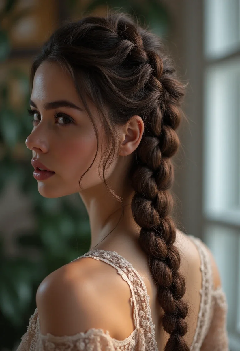 Intricate and textured fishtail braid hairstyle for long hair.