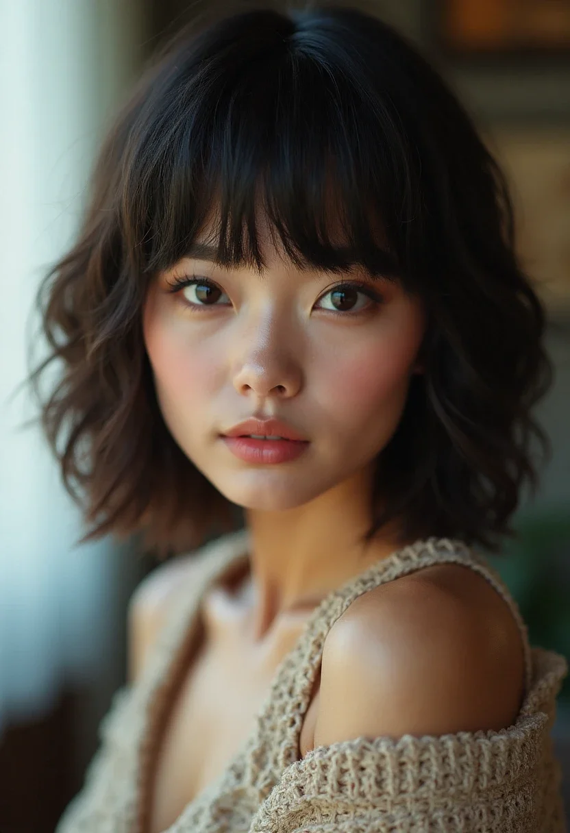 Model with an asymmetrical bob hairstyle.