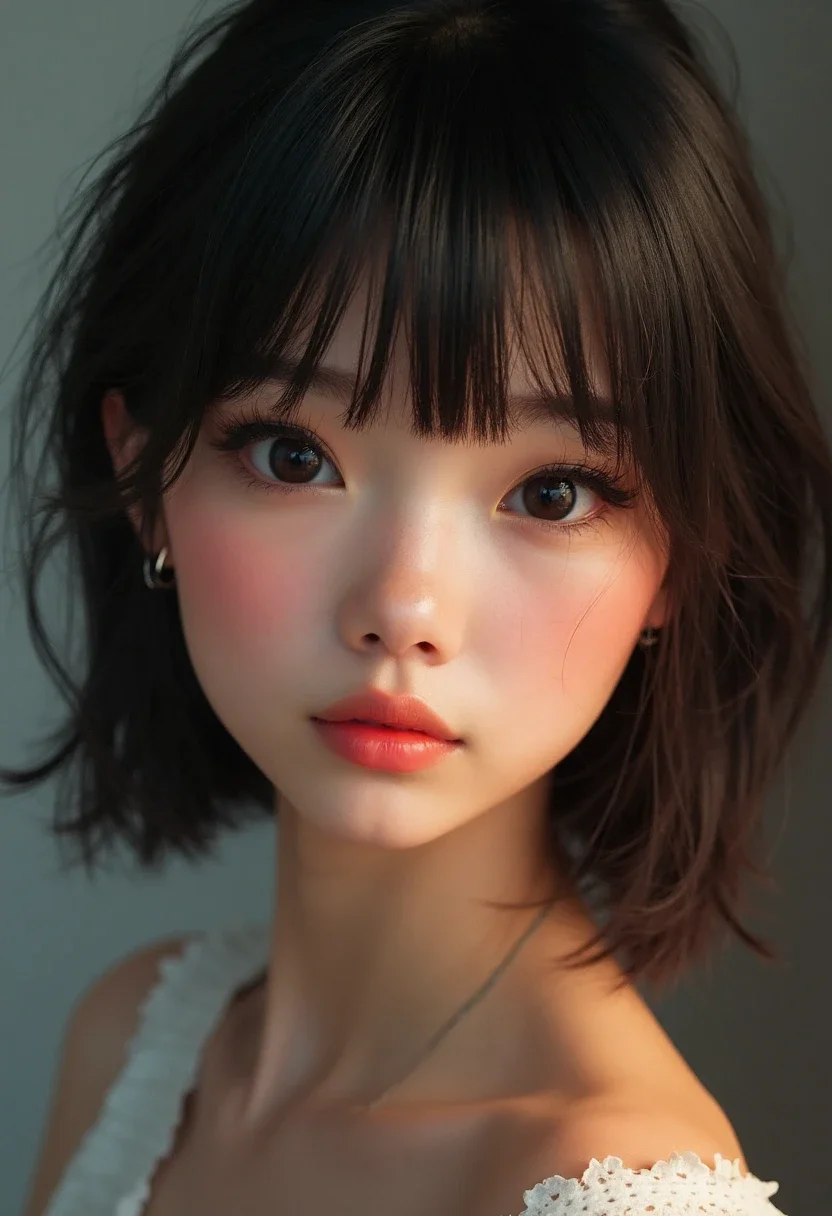 Woman with side-swept bangs complementing her round face.