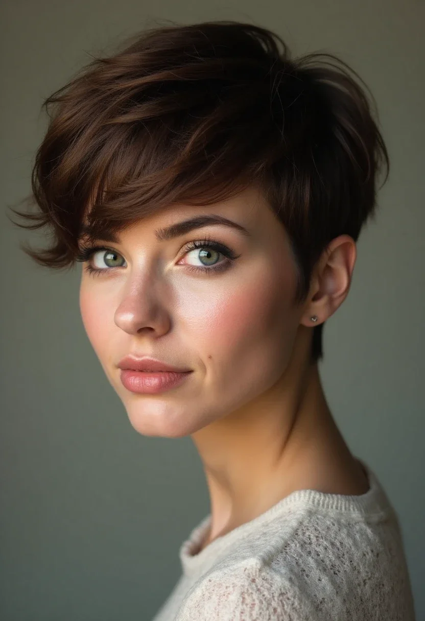 Round-faced woman with a voluminous pixie cut hairstyle.