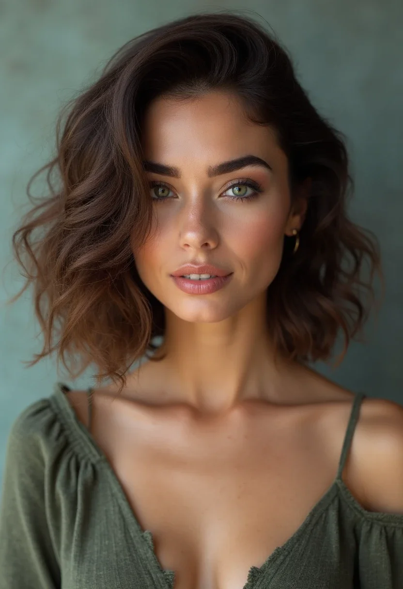 Woman with a wavy lob hairstyle on a round face.