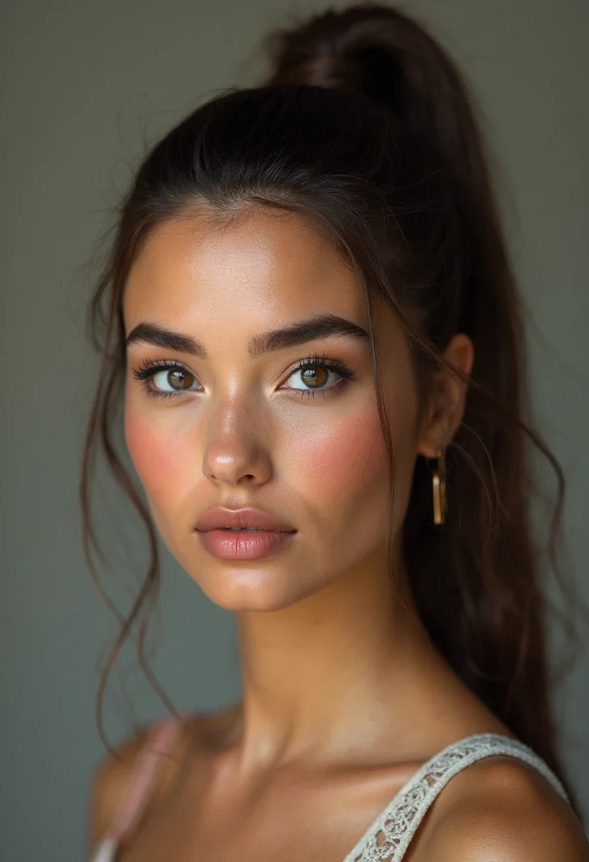 Model with a high ponytail hairstyle suitable for round faces.