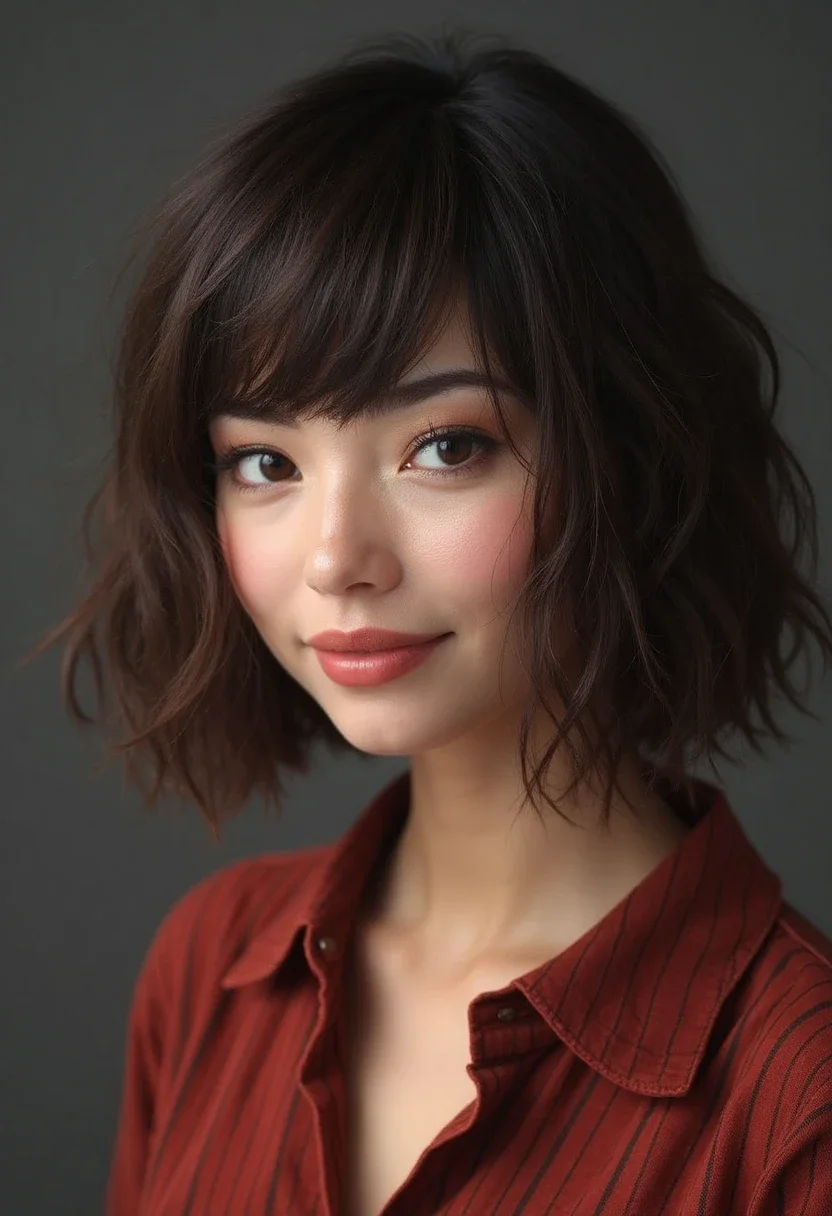 Woman with a shoulder-length shag hairstyle for round faces.