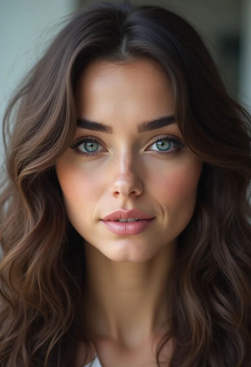 Round-faced woman with a deep side part hairstyle.