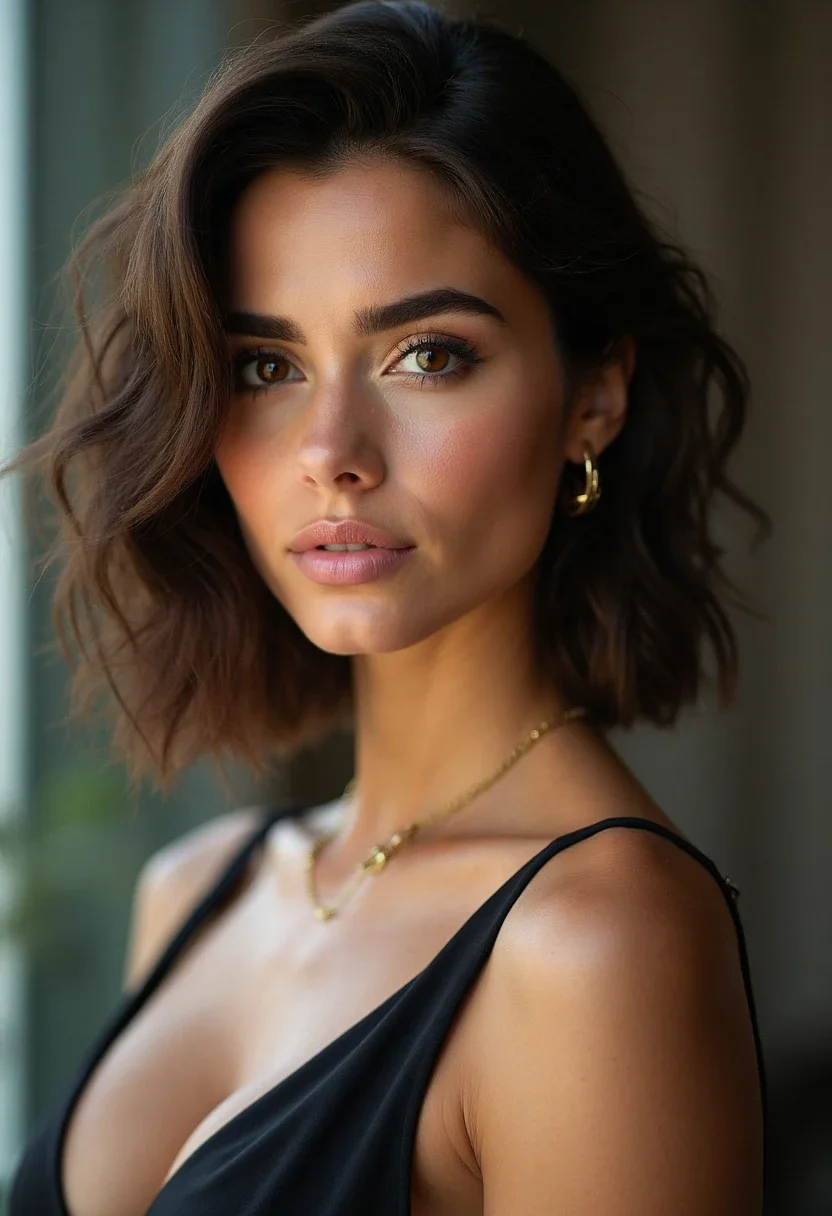Woman with a textured bob hairstyle for round faces.