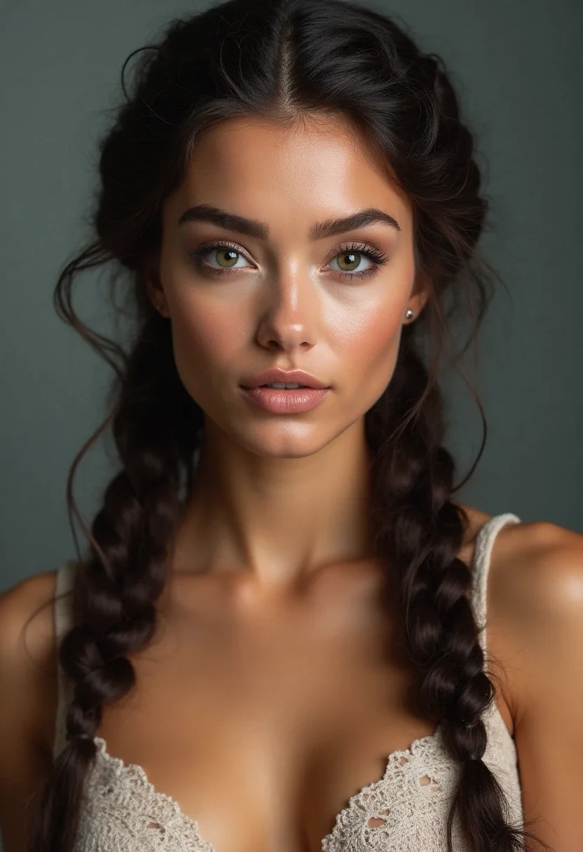 Model with a crown braid hairstyle suitable for round faces.