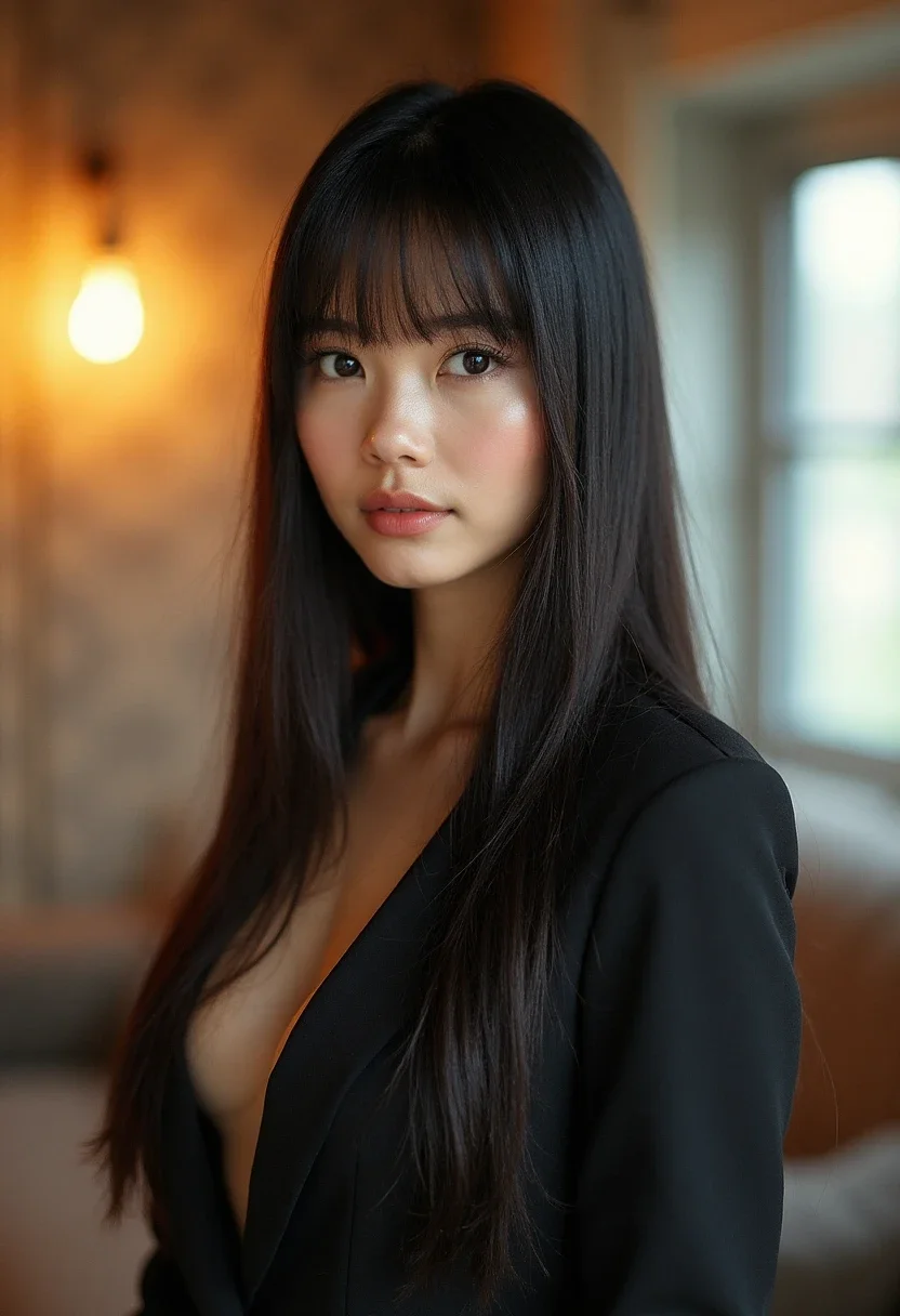 Woman with straight hair and curtain bangs.
