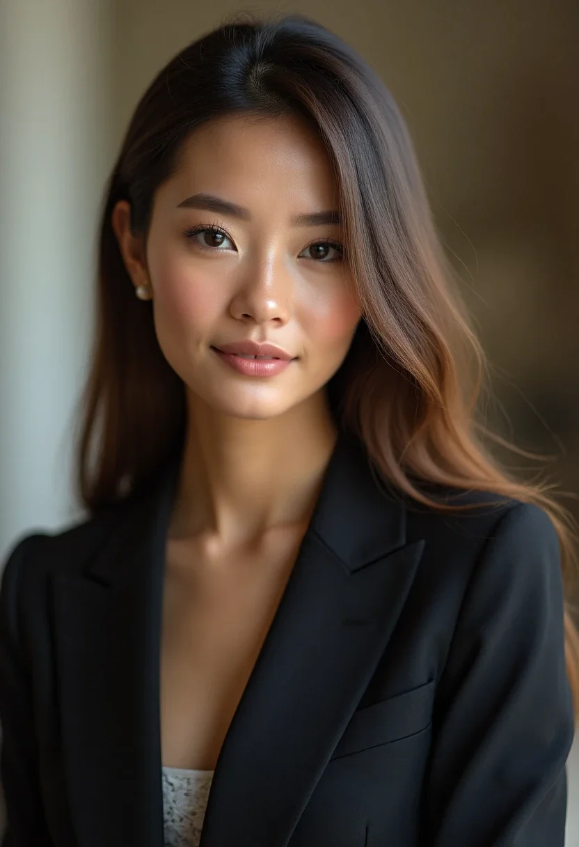 Woman with straight hair and a center part.