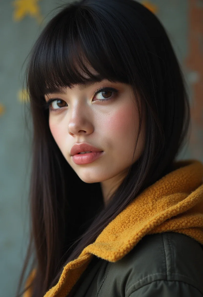 Woman with straight hair and blunt bangs.