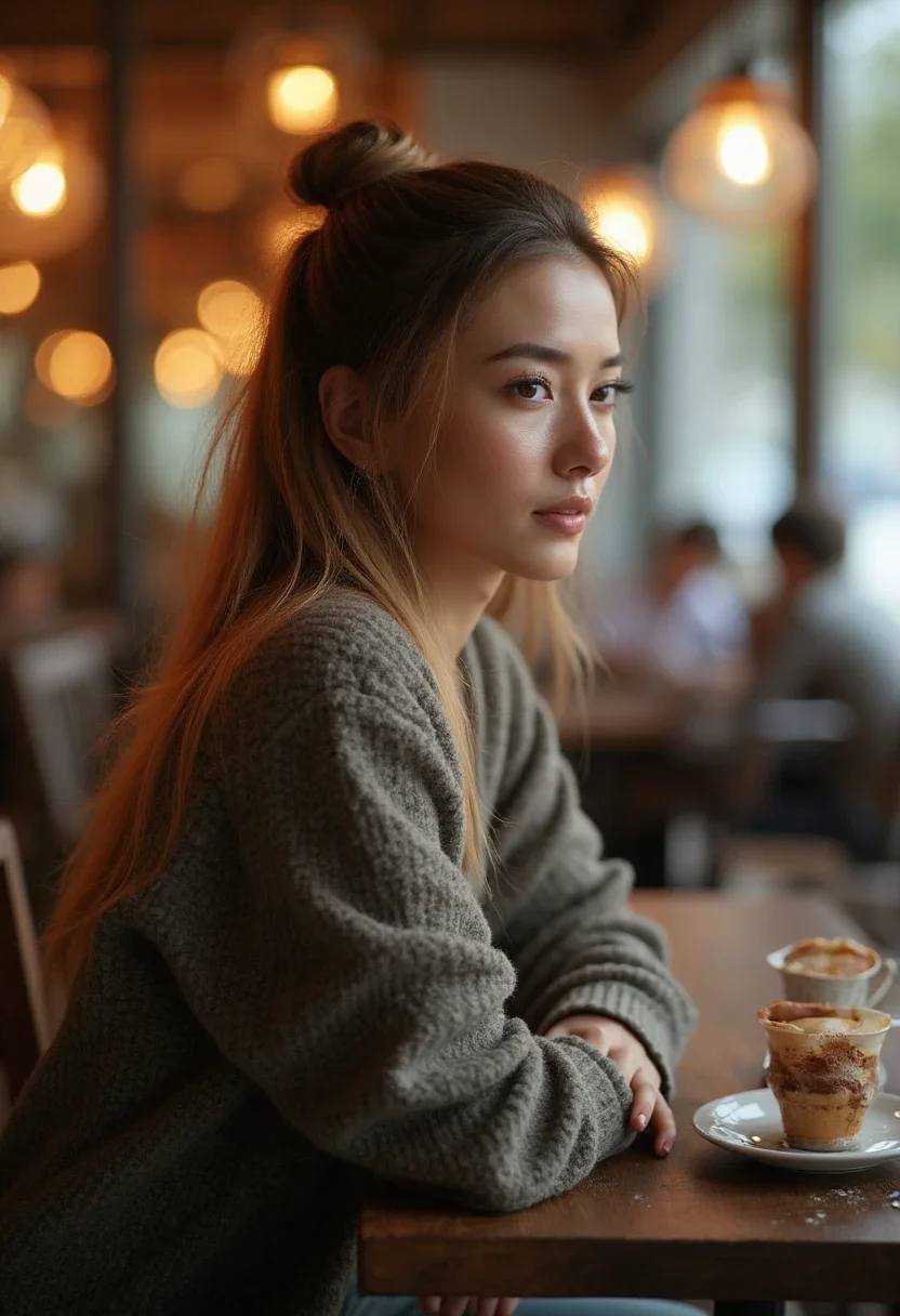 Woman with straight hair in a half-up top knot.