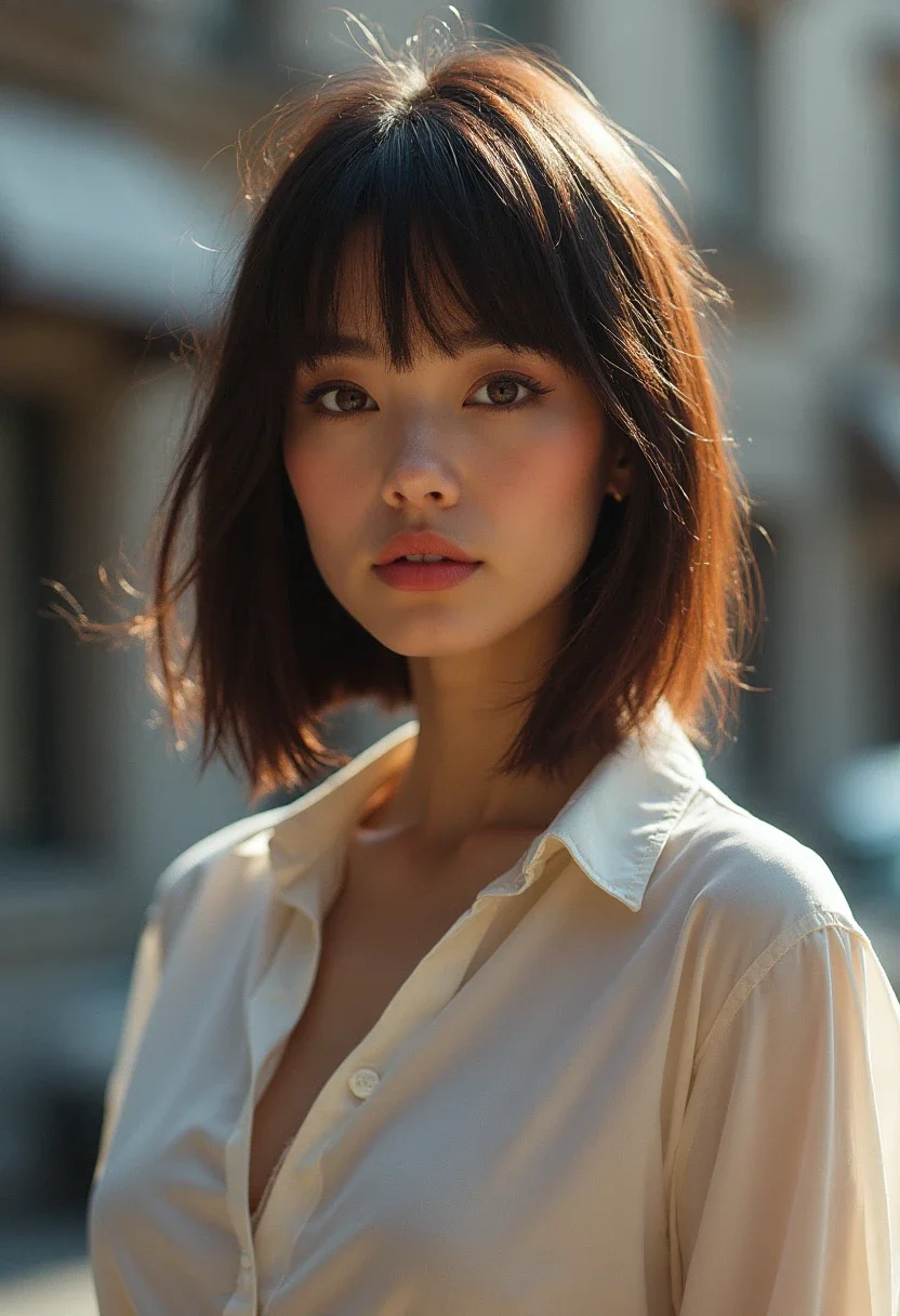 Woman with a straight lob hairstyle.