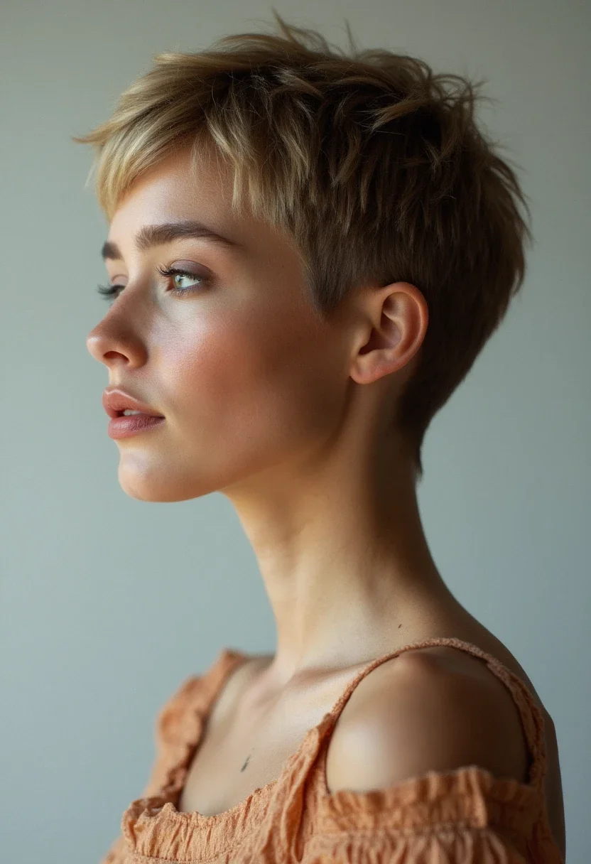 Woman with a pixie cut hairstyle.