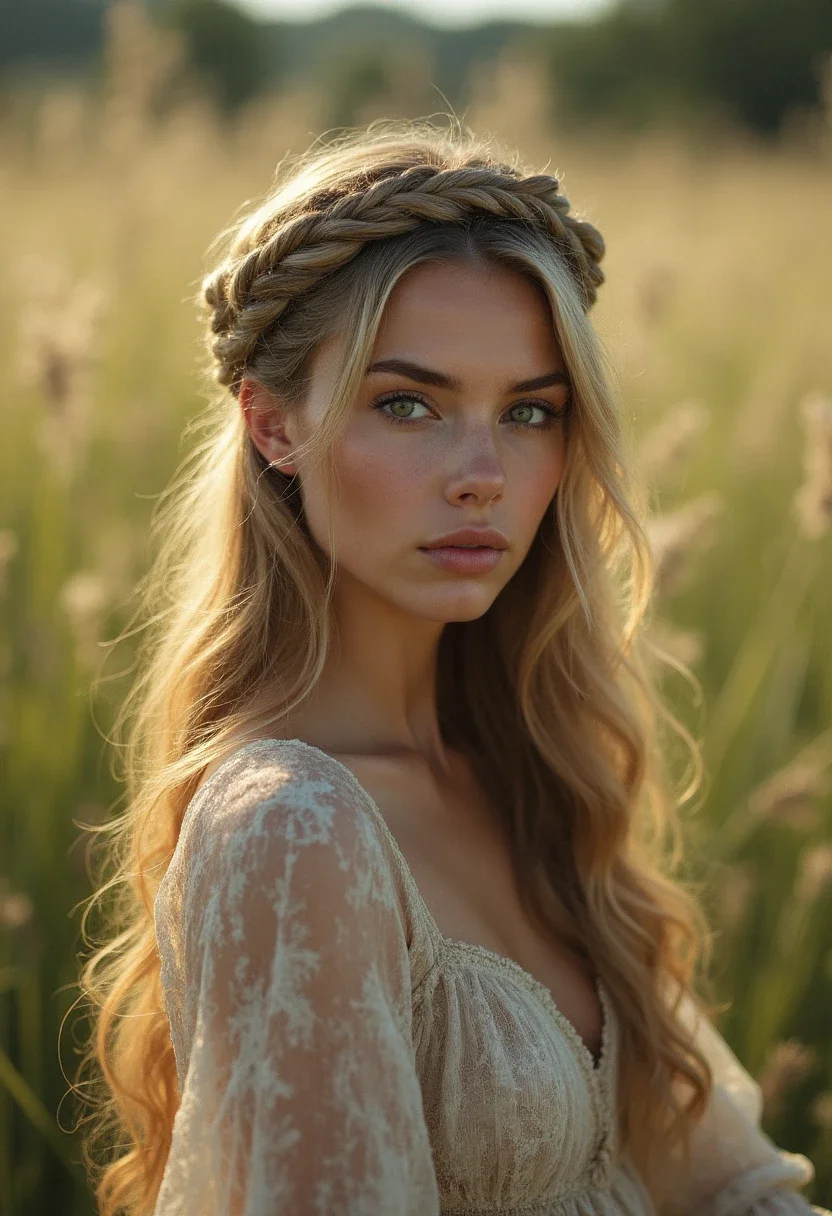 Woman with straight hair in a braided crown.