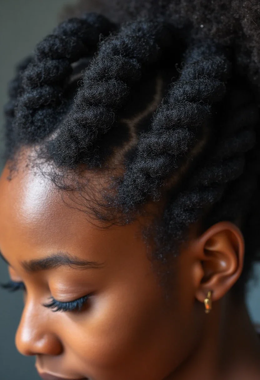 Bantu knots styled intricately on 4C hair.