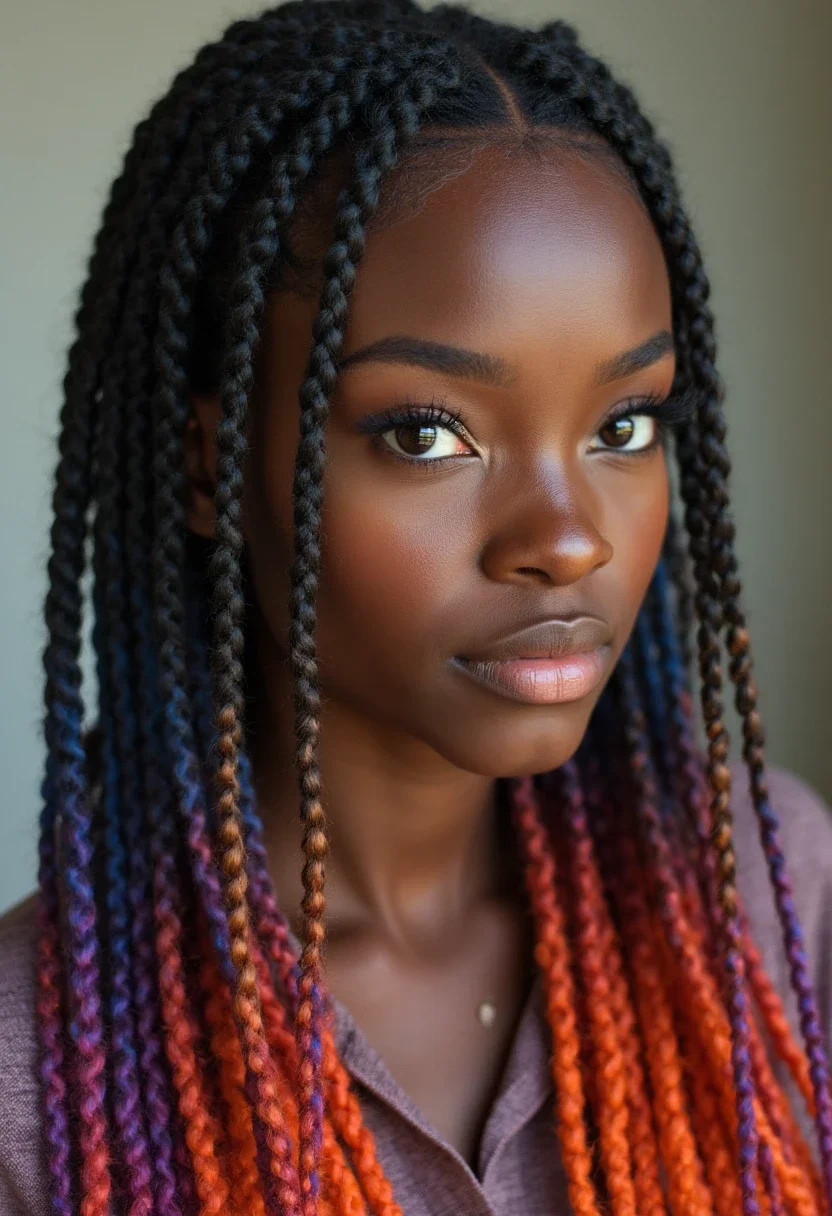 Long box braids on 4C hair with colorful extensions.