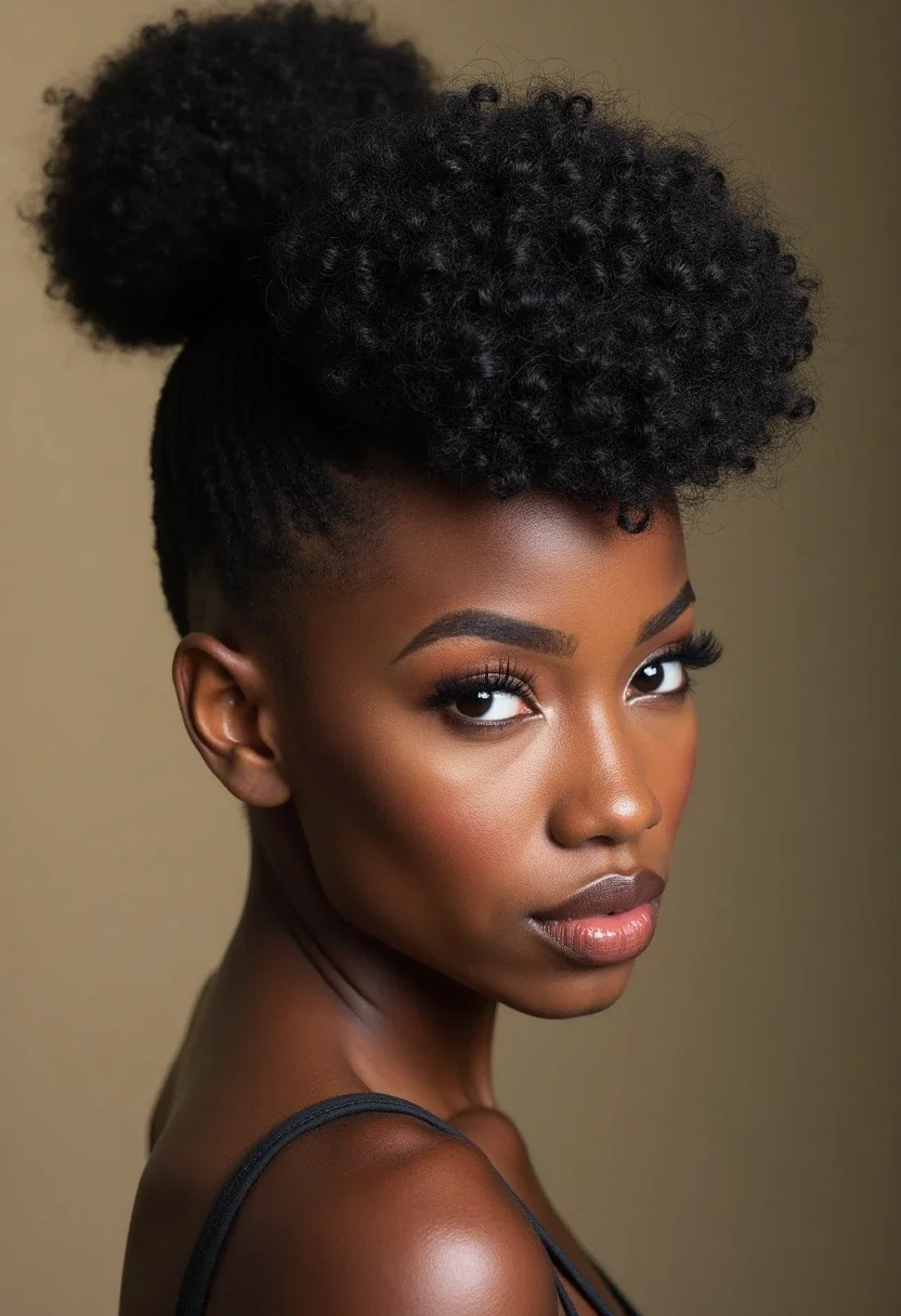 4C hair styled in a high puff updo.