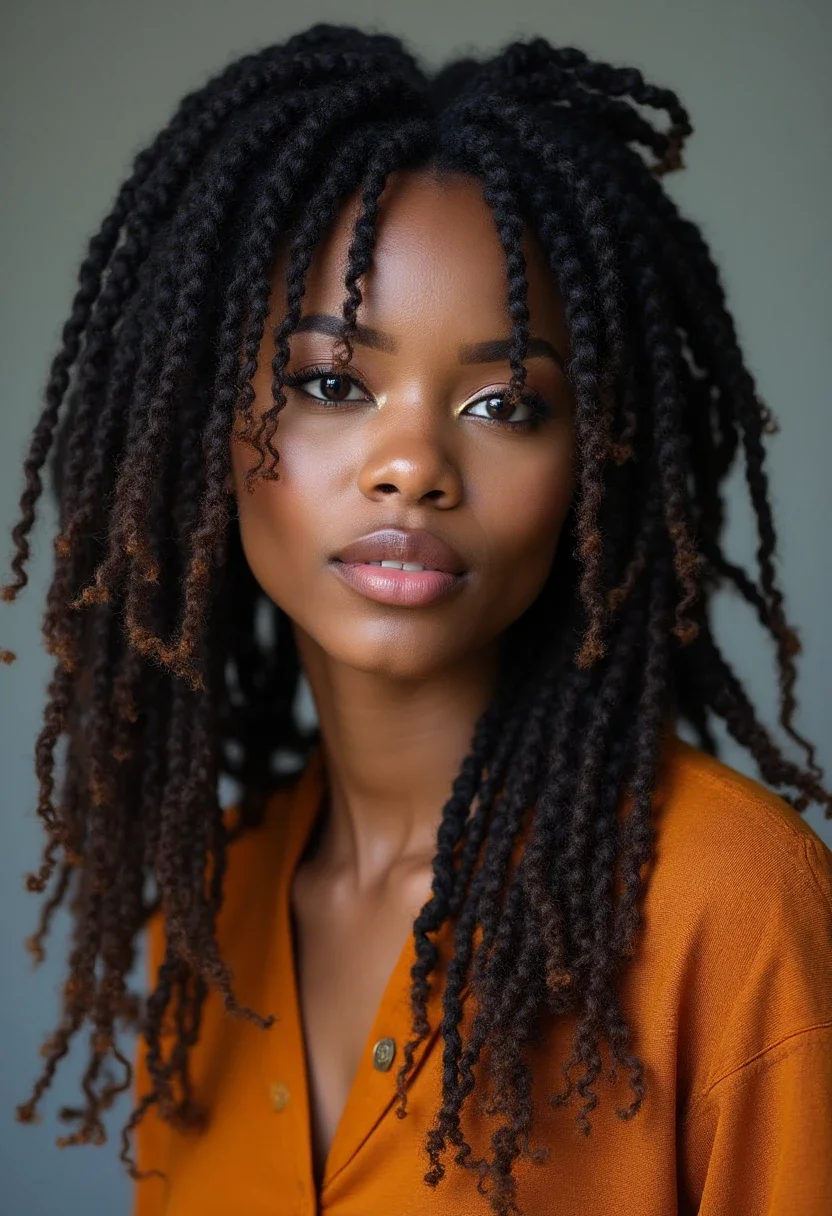 Long faux locs on 4C hair with colored strands.