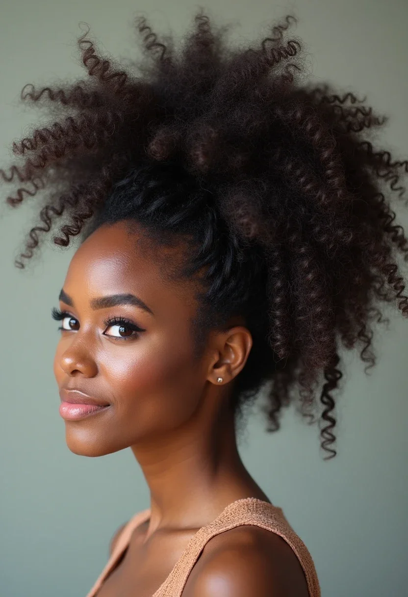 Person with curly hair in a high, voluminous pineapple updo.