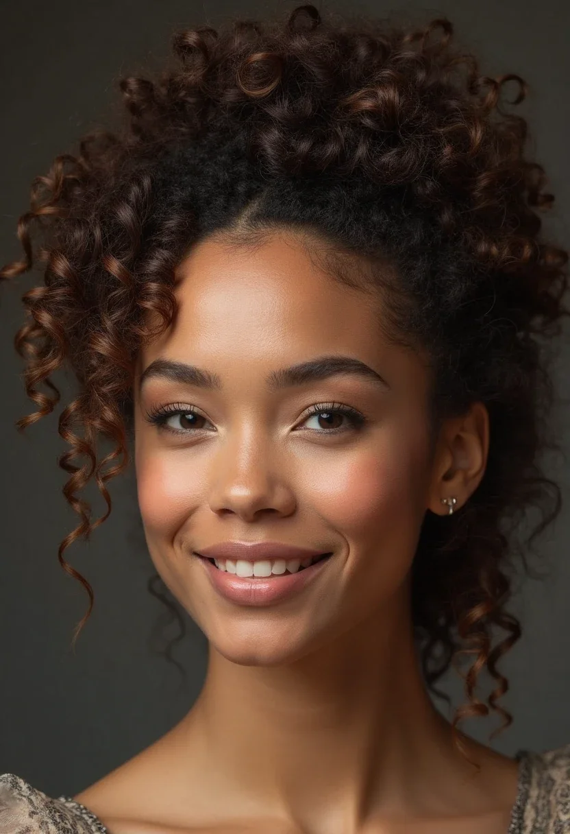 Curly-haired individual with an elegant twisted halo hairstyle.