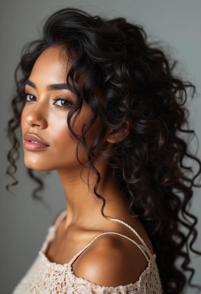 Curly-haired person with a loose half-up hairstyle.