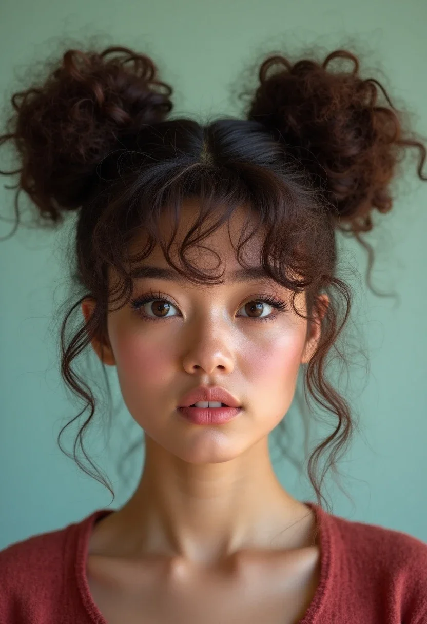 Curly-haired individual with playful space buns hairstyle.
