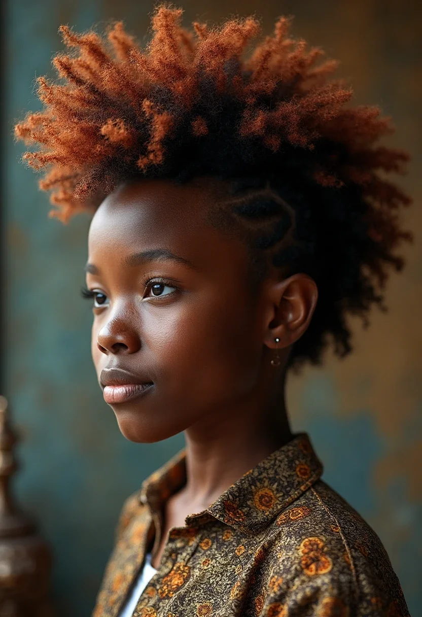 Curly-haired individual with a bold curly frohawk hairstyle.