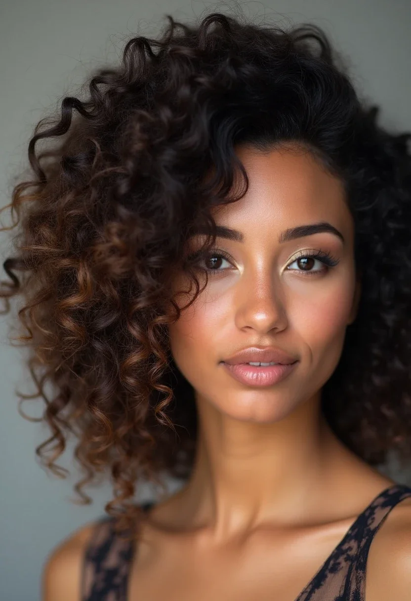 Individual with side-parted curls, highlighting elegant, flowing hair.