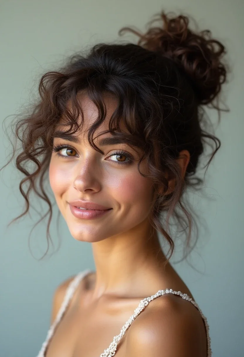 Curly-haired person with an effortless messy bun hairstyle.