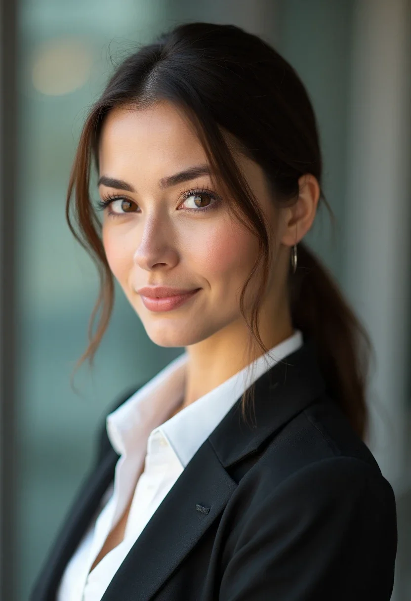 Woman with a sleek low ponytail hairstyle.