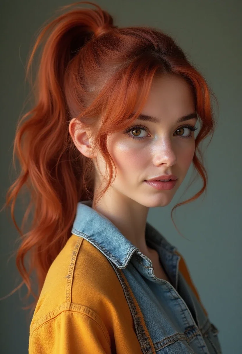 Woman with a voluminous ponytail hairstyle.