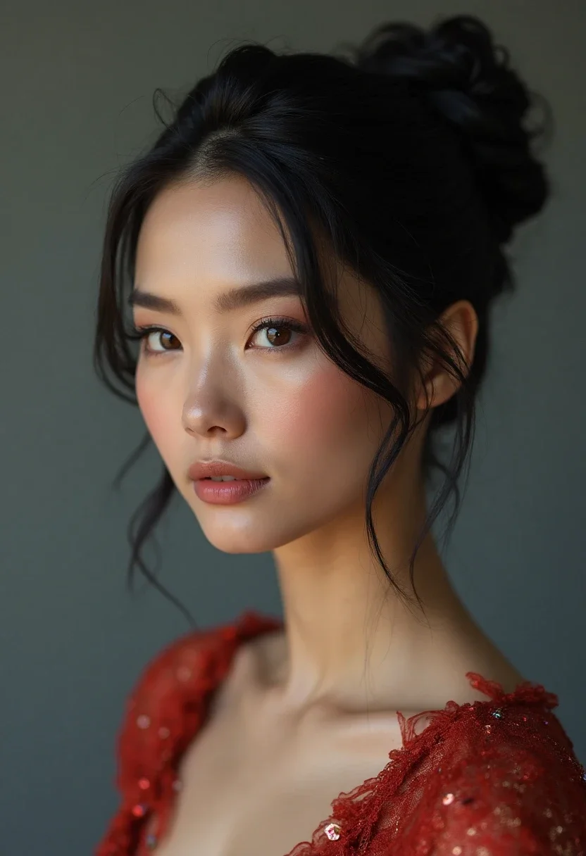 Woman with a sleek top knot hairstyle.