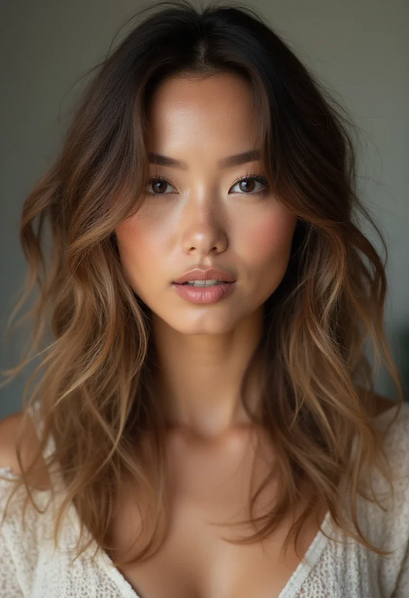 Loose wavy hairstyle with natural, frizz-embracing texture.