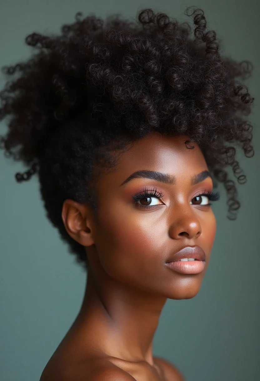 Bold high puff hairstyle celebrating natural volume.