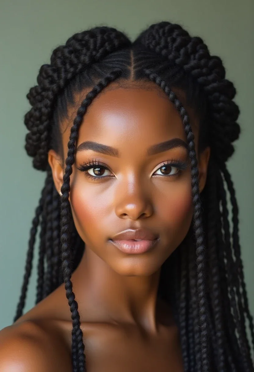 Elegant braided crown hairstyle managing frizzy hair.