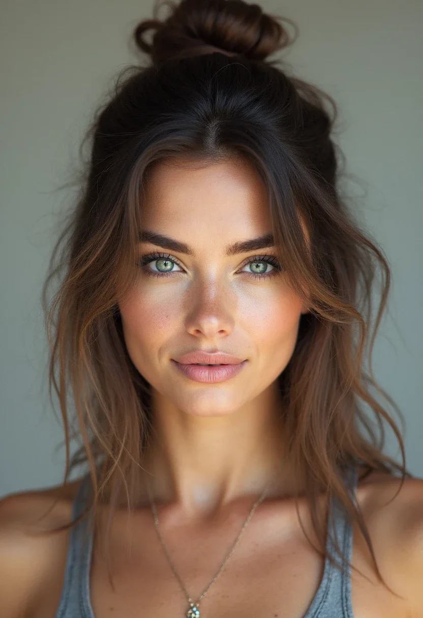 Woman with a half-up top knot hairstyle in a casual outfit.