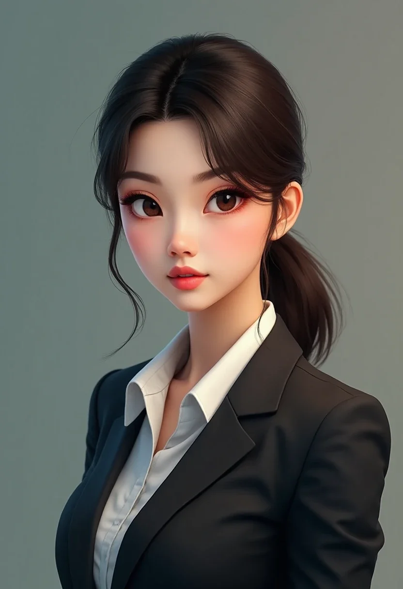 Woman with a low ponytail hairstyle in a suit.