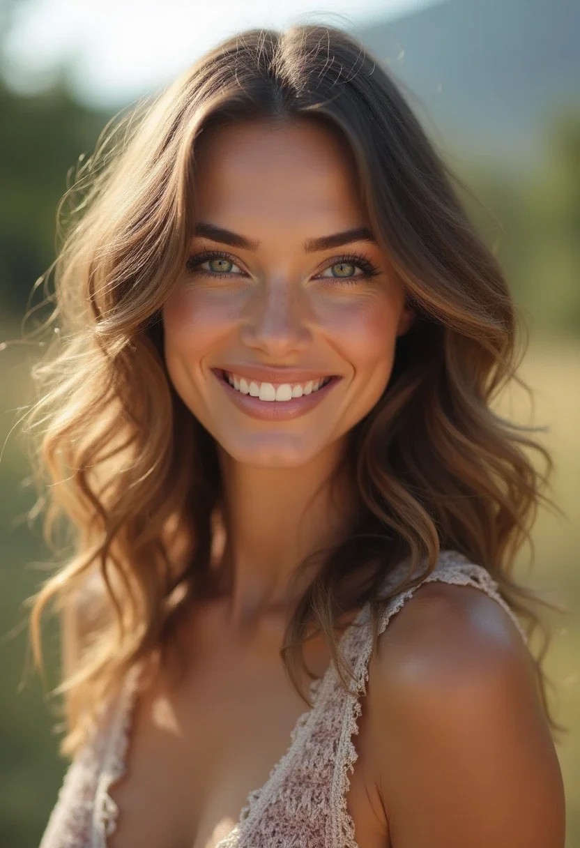 Woman with soft curls hairstyle outdoors.