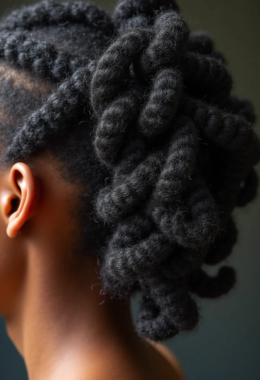 Close-up of Bantu knots on natural hair, neatly twisted