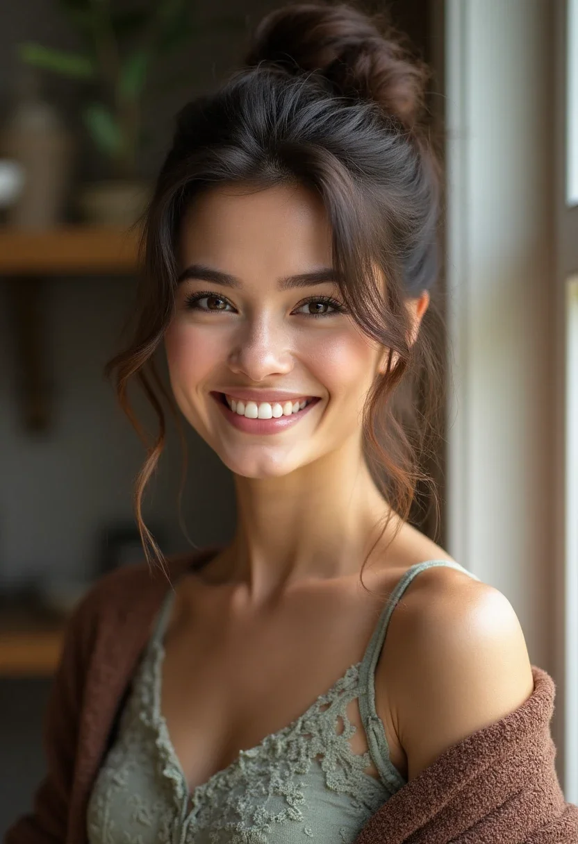 Woman with a pineapple updo, smiling