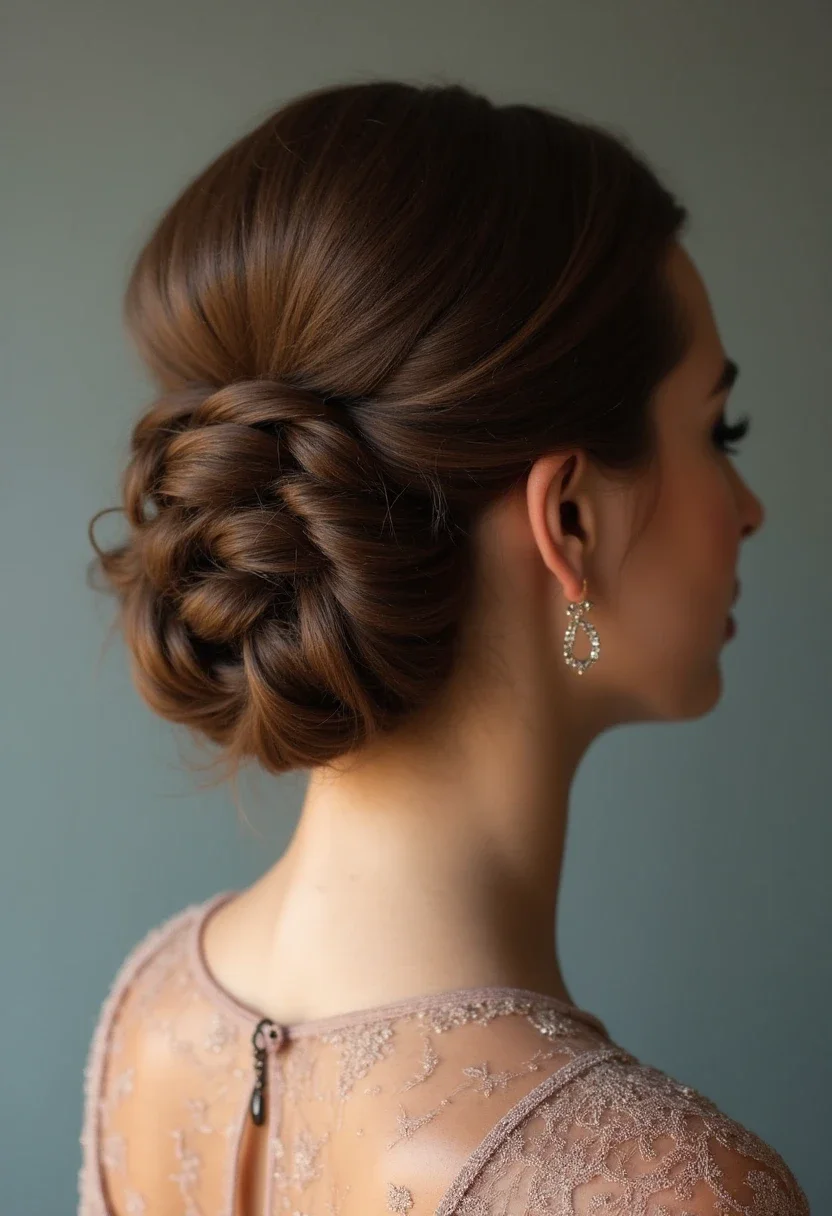 Woman with a flat twist updo, styled for a formal event