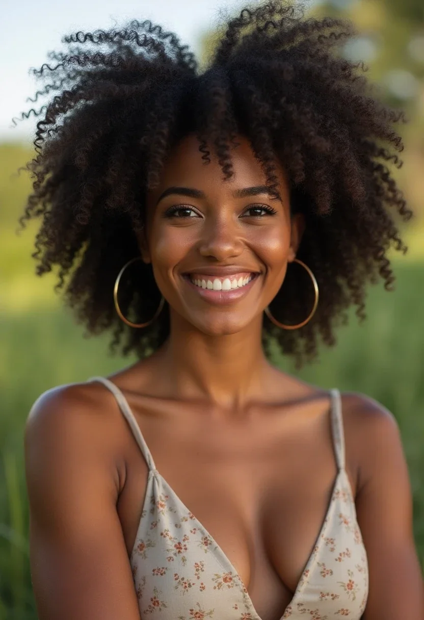 Woman with defined twist-out curls in a natural outdoor setting