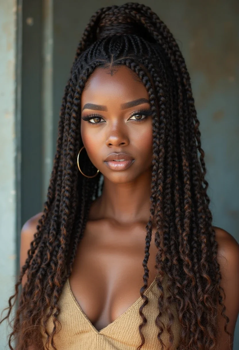 Woman with long box braids styled into a high ponytail