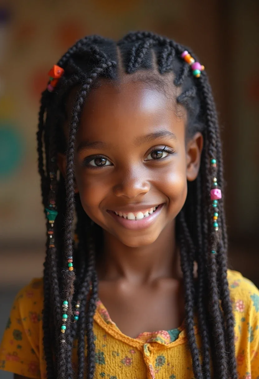 Young girl with cornrows adorned with colorful beads