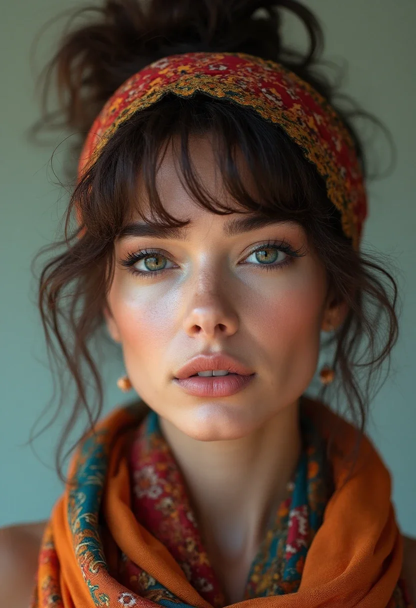 Woman with a high puff hairstyle wearing a stylish scarf
