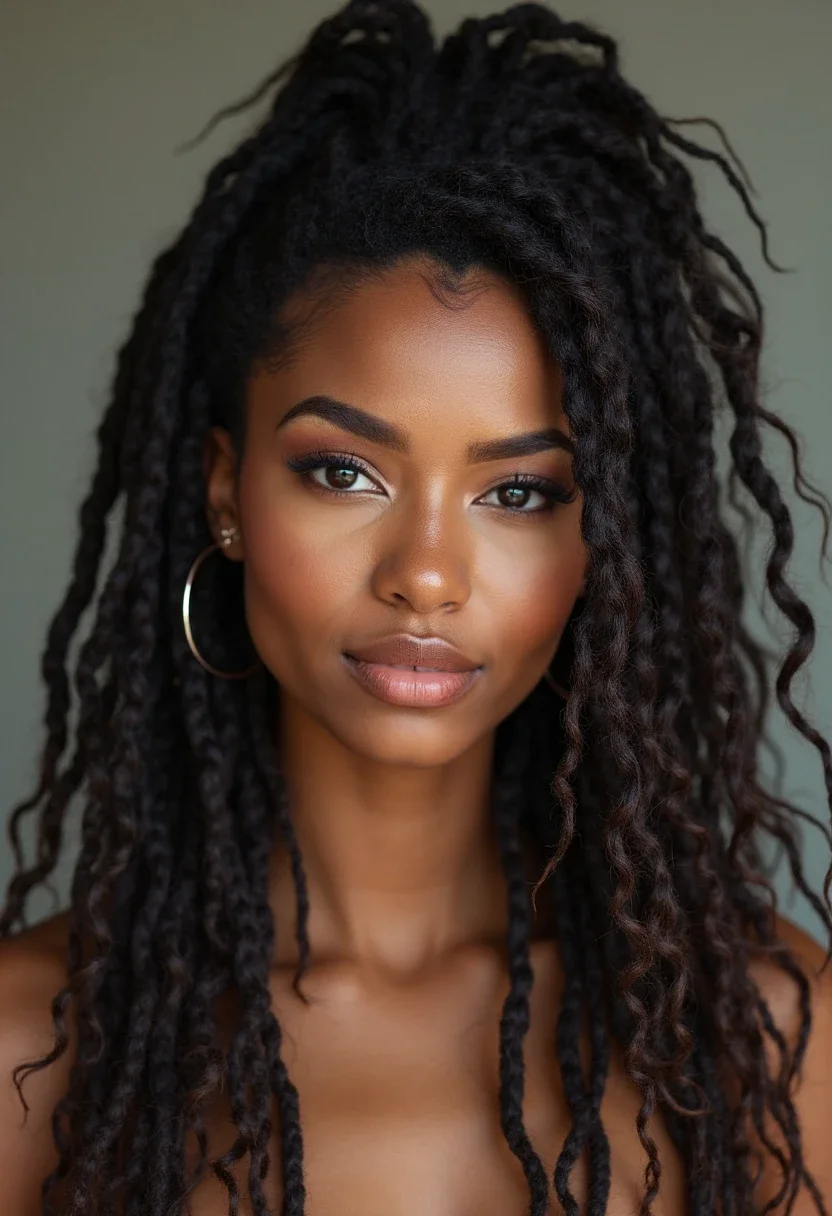 Woman with long faux locs styled in a half-up, half-down fashion