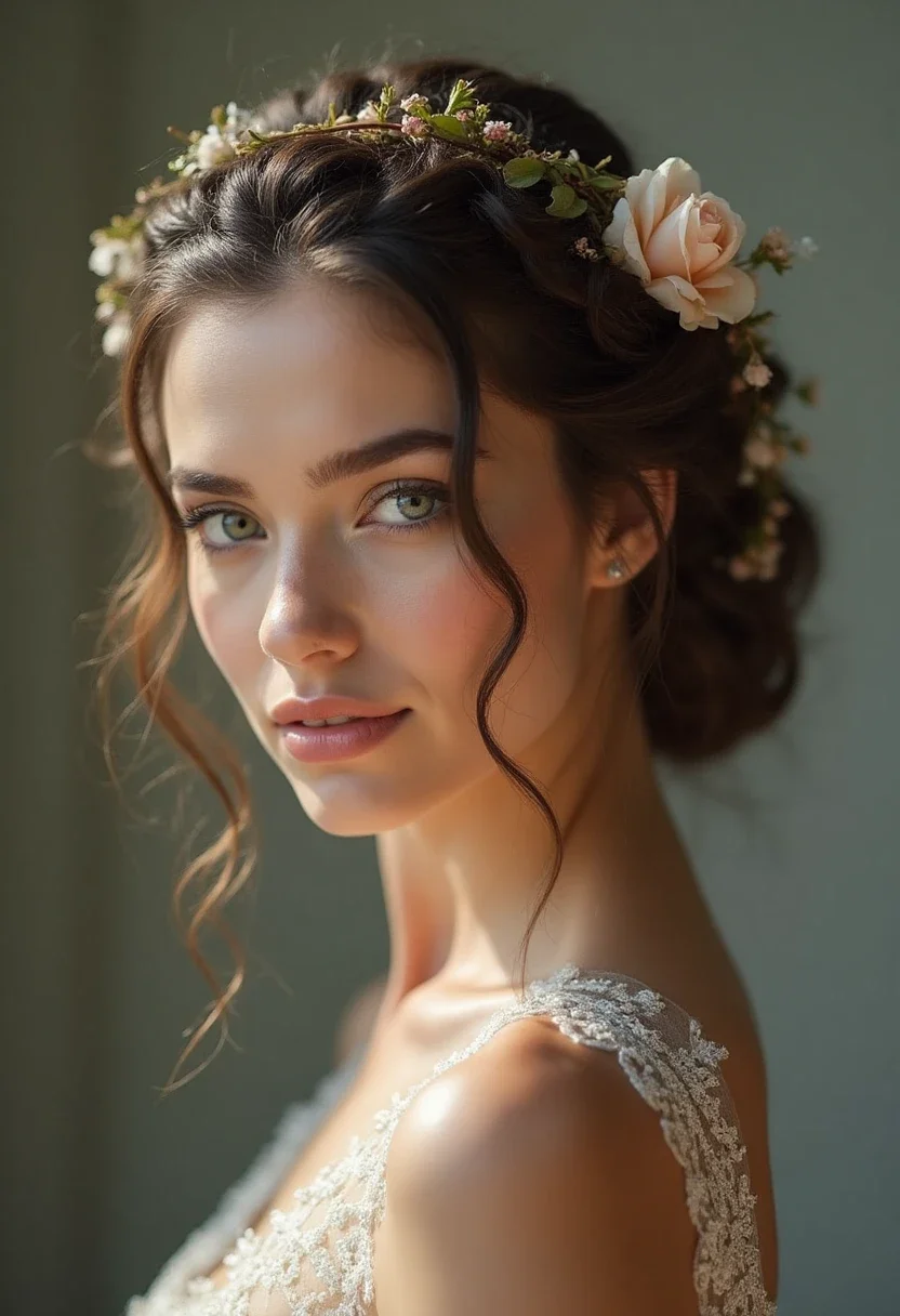 Woman with a halo braid adorned with small flowers